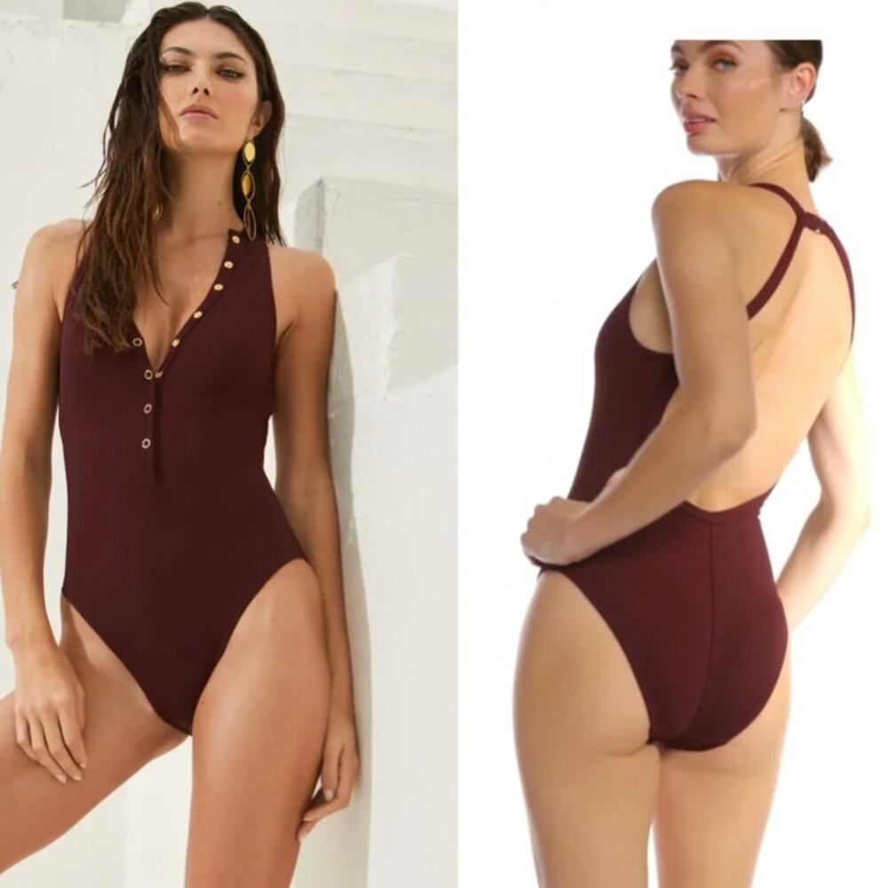 ROBIN PICCONE Amy Ribbed One Piece Swimsuit in Maroon Size 6